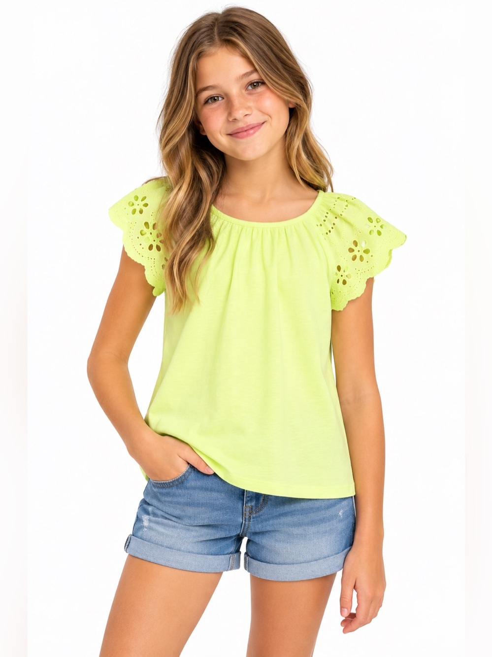 Yellow Eyelet Sleeve Short Sleeve Shirt